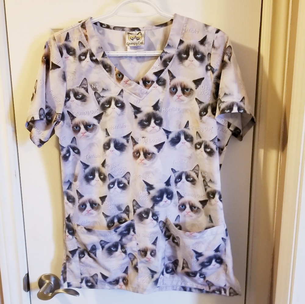 Scrub top grumpy cat oversized